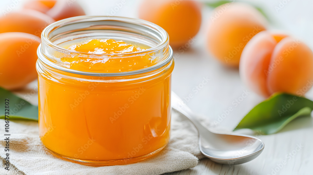 A jar of homemade apricot jam with the lid open, showcasing the rich, golden hue and smooth texture of the sweet spread, inviting a taste of homemade goodness A jar of homemade apricot jam with the lid open, showcasing the rich, golden hue and smooth texture of the sweet spread, inviting a taste of homemade goodness