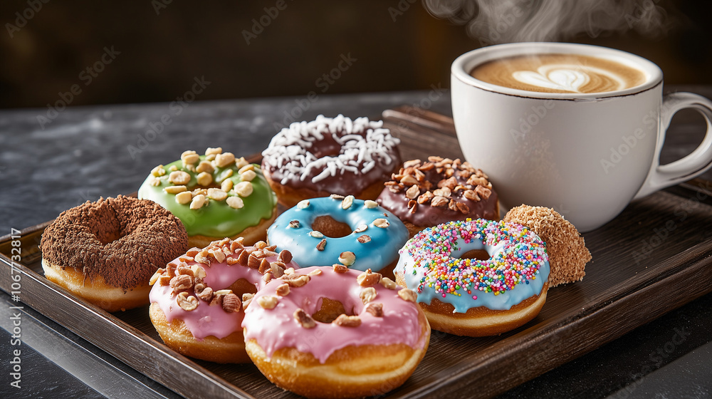 Lots of colorful donuts and coffee Lots of colorful donuts and coffee