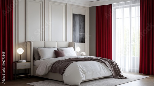 Wallpaper Mural Modern Bedroom with White Bed, Red Curtains, and Grey Throw Blanket Torontodigital.ca