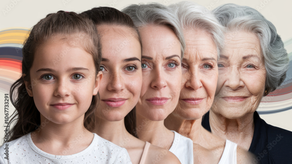 A series of faces, one of which is a young girl, are shown in a row. The faces are of different ages, with the girl being the youngest. Concept of aging and the passage of time A series of faces, one of which is a young girl, are shown in a row. The faces are of different ages, with the girl being the youngest. Concept of aging and the passage of time