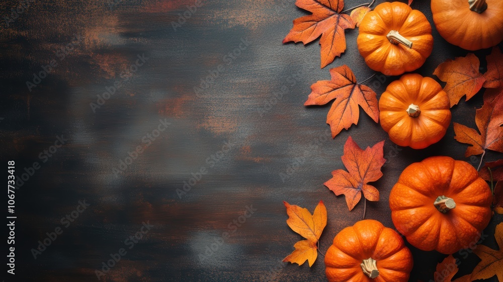 A festive display of pumpkins and multiple colorful autumn leaves on a dark wooden background A festive display of pumpkins and multiple colorful autumn leaves on a dark wooden background