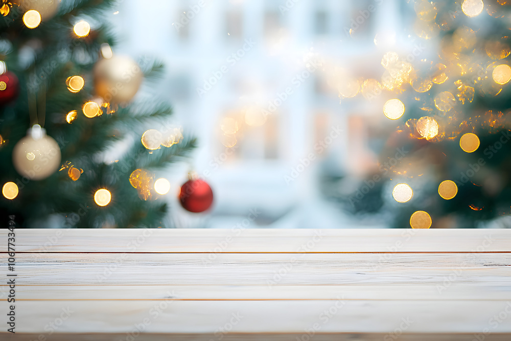 Front view of Christmas table top with blurred fir tree and winter holiday decoration background Front view of Christmas table top with blurred fir tree and winter holiday decoration background
