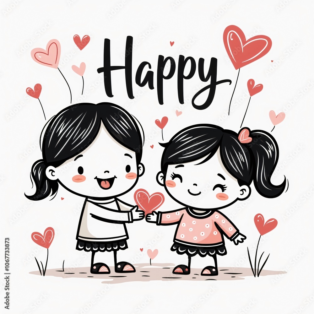 Happy Mother's Day Girls Giving Heart Illustration Happy Mother's Day Girls Giving Heart Illustration