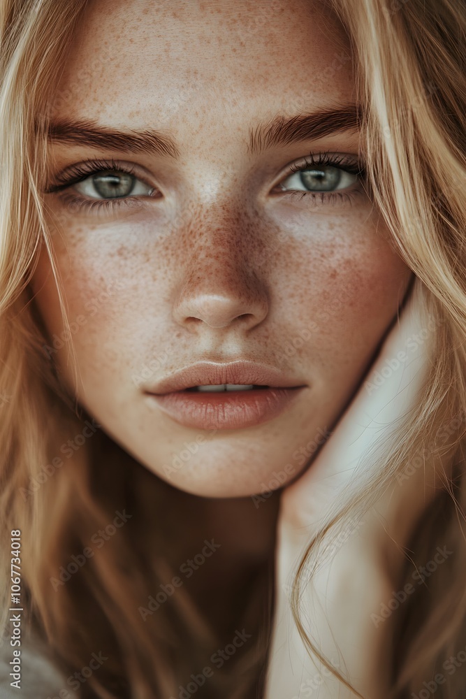 Captivating portrait of a beautiful woman with freckles Captivating portrait of a beautiful woman with freckles