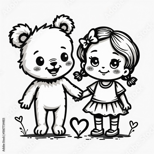 Cute Bear and Girl Holding Hands Vector Illustration