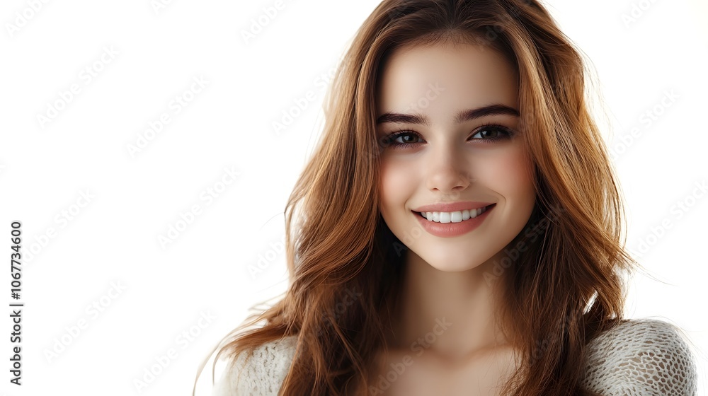 Portrait of a beautiful young woman smiling and looking happy on white background Portrait of a beautiful young woman smiling and looking happy on white background