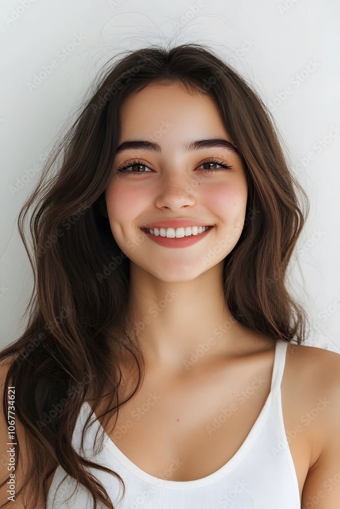 Portrait of a beautiful young woman smiling and looking happy on white background Portrait of a beautiful young woman smiling and looking happy on white background