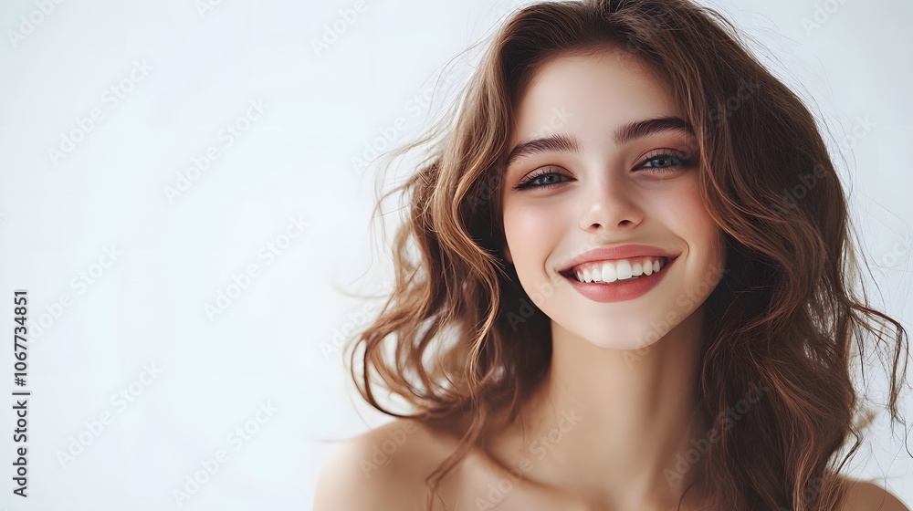Portrait of a beautiful young woman smiling and looking happy on white background Portrait of a beautiful young woman smiling and looking happy on white background