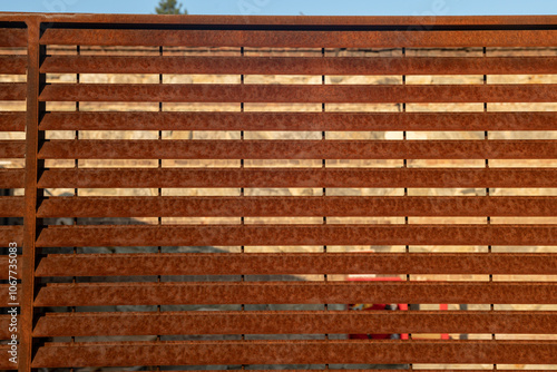 corten steel grate, suitable for contemporary architecture projects, for industrial design and resistance to atmospheric agents. example of a modern divider and shading suitable for multiple design. photo