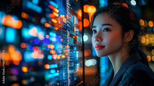 In this double exposure, a woman is framed by a cityscape with data, symbolizing the intersection between urban life and digital information for today's tech-driven themes photo