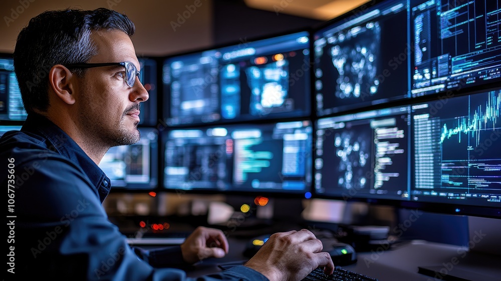 Focused Analyst Working on Multiple Monitors with Data Visualizations and Graphs in a Modern Office Environment Focused Analyst Working on Multiple Monitors with Data Visualizations and Graphs in a Modern Office Environment