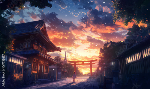 Wallpaper Mural Sunset Stroll in Japan: A solitary figure walks down a tranquil street, bathed in the warm glow of a vibrant sunset. Traditional Japanese architecture frames the scene. Torontodigital.ca