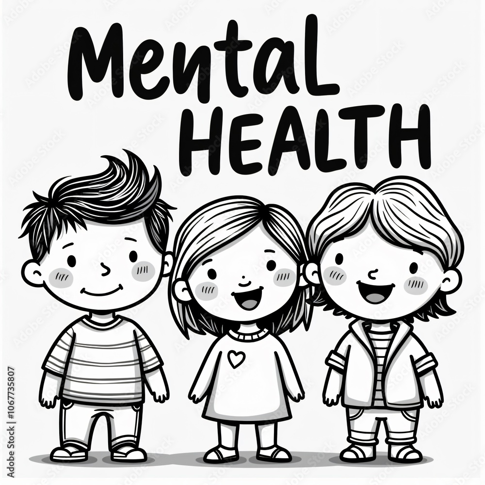 Cute Kids Mental Health Illustration - Line Art Cute Kids Mental Health Illustration - Line Art