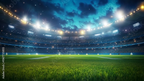 A dramatic evening at a modern football stadium under a starry sky, with bright floodlights illuminating the lush green pitch