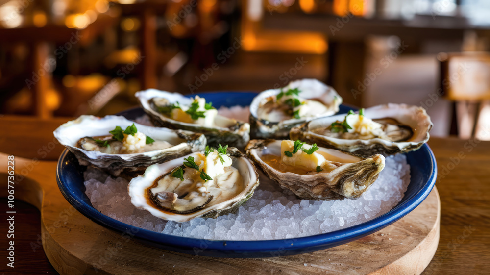 A blue plate with a wooden board is holding a plate of oysters. The plate is placed on a table, and the oysters are garnished with parsley. The presentation is elegant and appetizing A blue plate with a wooden board is holding a plate of oysters. The plate is placed on a table, and the oysters are garnished with parsley. The presentation is elegant and appetizing
