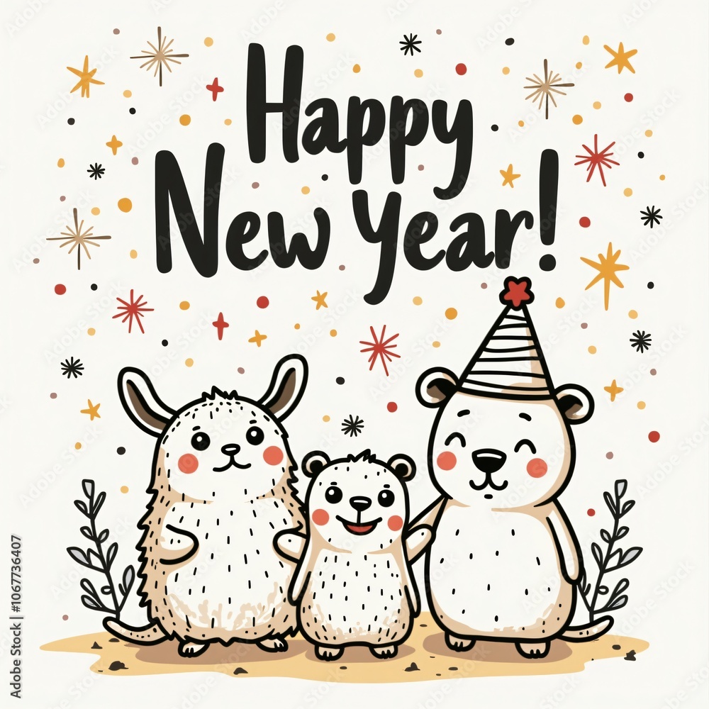 Cute Animal Family Celebrating Happy New Year Cute Animal Family Celebrating Happy New Year
