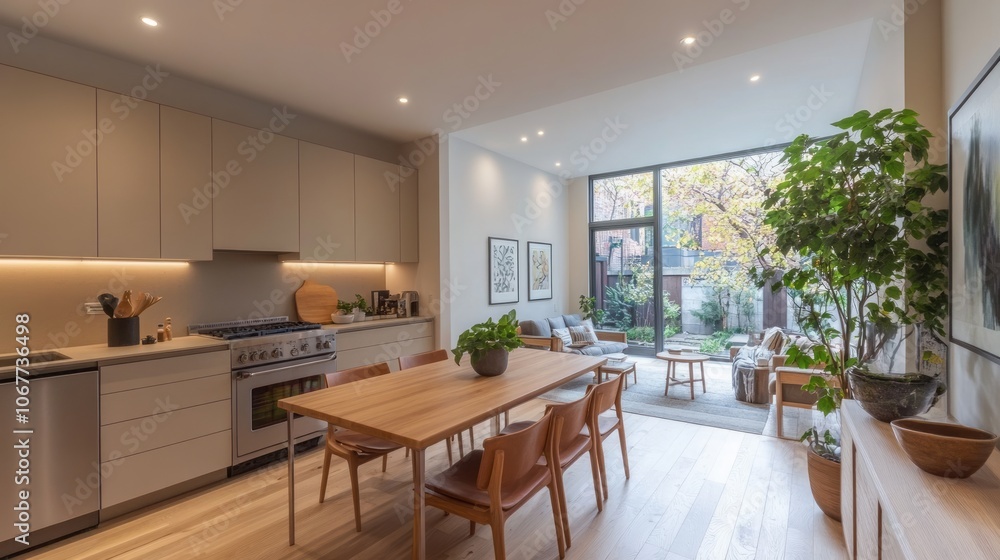 Modern Kitchen and Dining Area with Large Window and Patio View Modern Kitchen and Dining Area with Large Window and Patio View