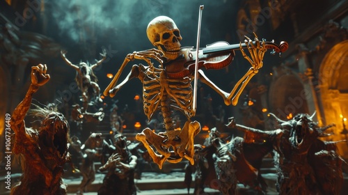 eerie atmosphere floating skeleton ghostly form plays haunting melody violin while surrounded joyful dancing demons and monsters creating surreal Halloween experience. photo