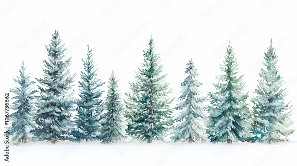 Watercolor evergreen trees in snow on white background Watercolor evergreen trees in snow on white background