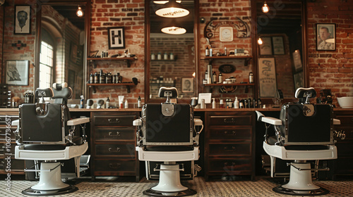Obraz na płótnie A vintage barber shop interior featuring three classic barber chairs, warm lighting, wooden furnishings, and a cozy atmosphere that invites customers for grooming services w salonie