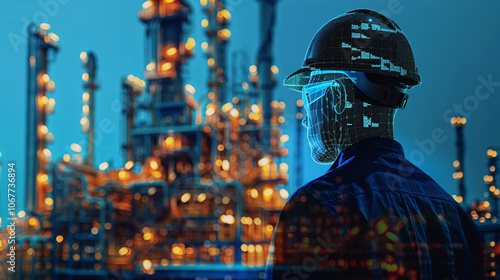 A worker wearing protective gear analyzes data against an industrial backdrop of a refinery at night, demonstrating the fusion of technology and traditional manufacturing