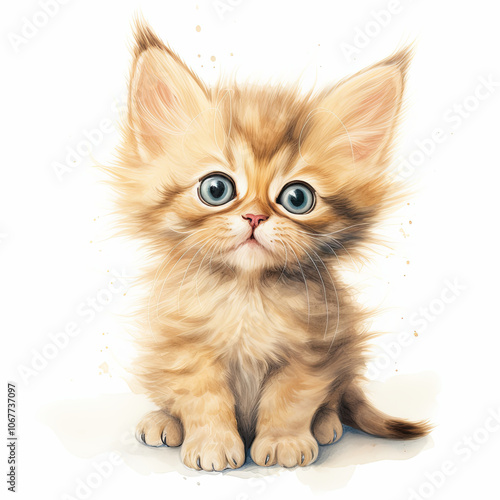 Charming watercolor illustration of a wide-eyed fluffy kitten sitting attentively, showcasing adorable expressions and soft fur details, perfect for children's decor and animal themes