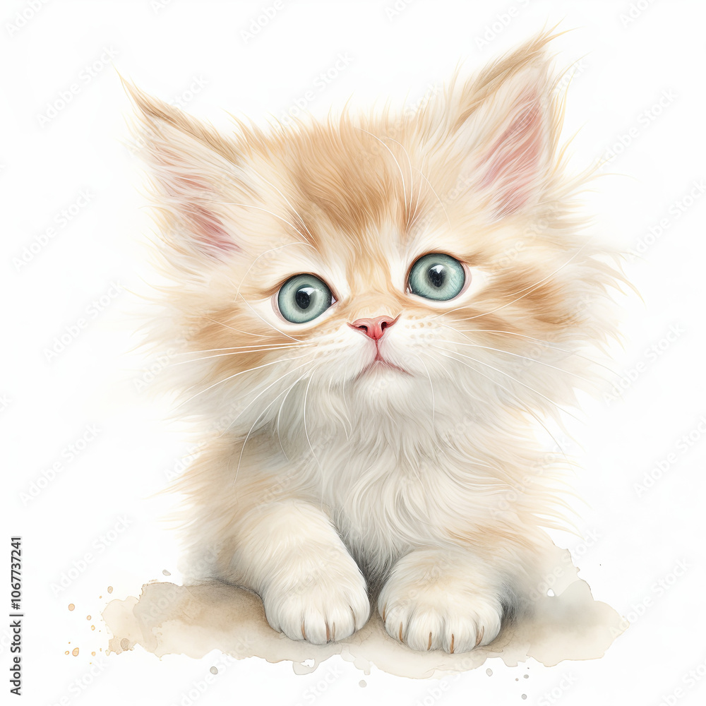 Charming watercolor illustration of a fluffy kitten with wide blue eyes and soft fur, ideal for children's art, pet-themed decor, and playful designs Charming watercolor illustration of a fluffy kitten with wide blue eyes and soft fur, ideal for children's art, pet-themed decor, and playful designs