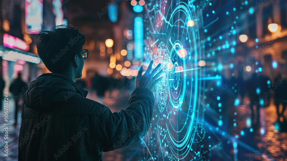 A young person interacts with a holographic display on a busy city street at night, illuminated by vibrant neon lights and a lively crowd