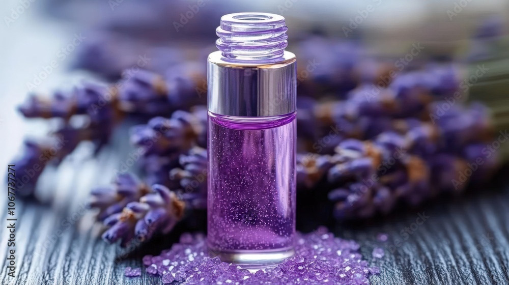 A small glass bottle of lavender essential oil with lavender flowers and bath salts. A small glass bottle of lavender essential oil with lavender flowers and bath salts.
