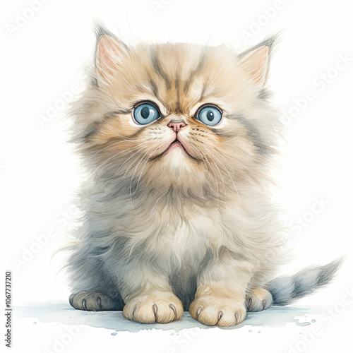 Adorable watercolor illustration of a fluffy kitten with large blue eyes, sitting in a cute pose, ideal for children's art, animal-themed projects, and whimsical designs