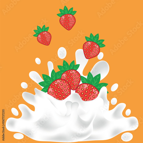 Milk background, vector, waves.  milk design elements, strawberry, splash, milk, on an orange background, dairy product