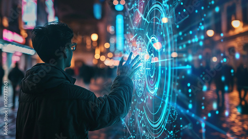 Obraz na płótnie A young person interacts with a holographic display on a busy city street at night, illuminated by vibrant neon lights and a lively crowd w salonie