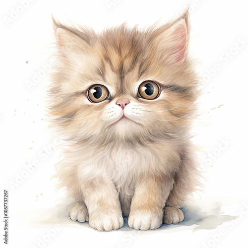 Adorable watercolor illustration of a fluffy kitten with large brown eyes, perfect for children's decor, animal-themed art, and playful designs