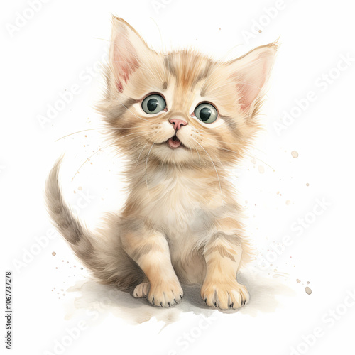 Charming watercolor illustration of a cute kitten with big green eyes and a playful expression, ideal for children's decor, pet art, and animal-inspired designs