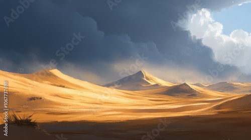 Barren land with rolling sand dunes and infrequent rain showers. photo