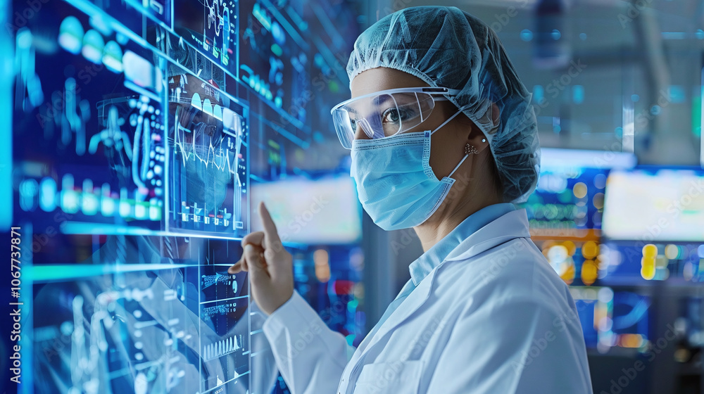 A healthcare professional in a lab coat and protective gear interacts with advanced digital displays in a medical facility, focusing on data analysis during a research session A healthcare professional in a lab coat and protective gear interacts with advanced digital displays in a medical facility, focusing on data analysis during a research session