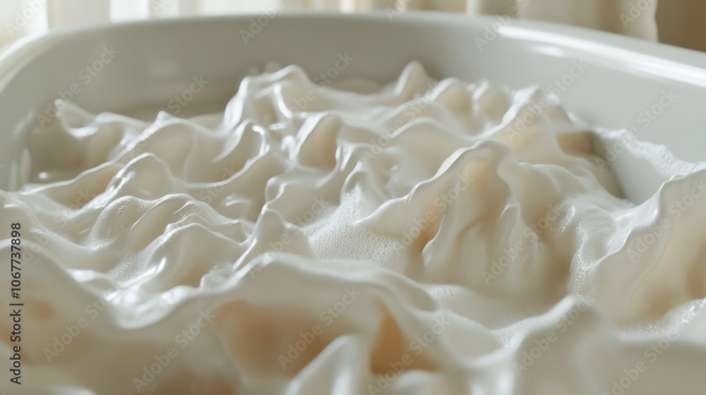 Bath foam forming playful peaks and valleys in a tub, creating a relaxing and cozy atmosphere. Bath foam forming playful peaks and valleys in a tub, creating a relaxing and cozy atmosphere.