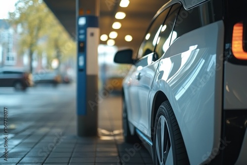 Car parked in a modern parking lot with soft lighting and urban background showcasing a sleek white vehicle accentuated by reflections and shadows