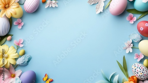 Colorful Easter-themed floral background with decorative eggs