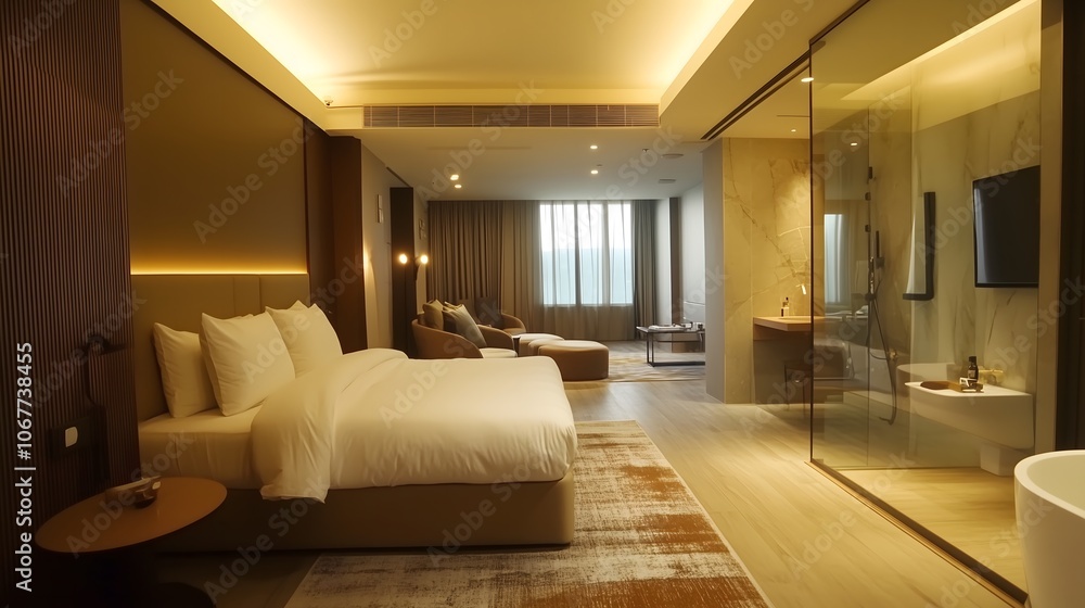 Luxurious modern hotel suite interior with king bed, ambient lighting, and glass bathroom partition in warm tones, copy space Luxurious modern hotel suite interior with king bed, ambient lighting, and glass bathroom partition in warm tones, copy space