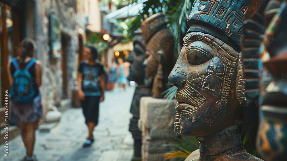 Exploring a vibrant alley in a historic town, framed by intricate sculptures and bustling visitors during a sunny afternoon Exploring a vibrant alley in a historic town, framed by intricate sculptures and bustling visitors during a sunny afternoon