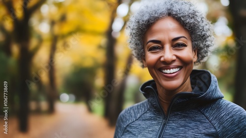Cheerful mature Black woman with natural gray hair wearing blue jacket laughing outdoors in autumn park, copy space