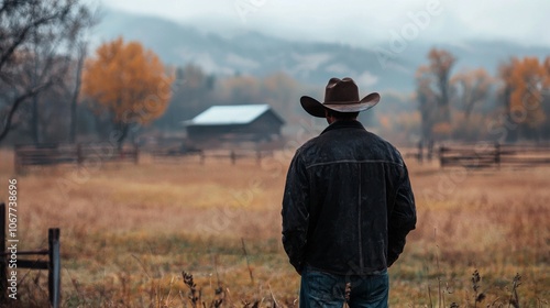 melancholy autumn day solitary cowboy stands his ranch gazing expansive fields adorned golden foliage embracing natures quiet beauty.