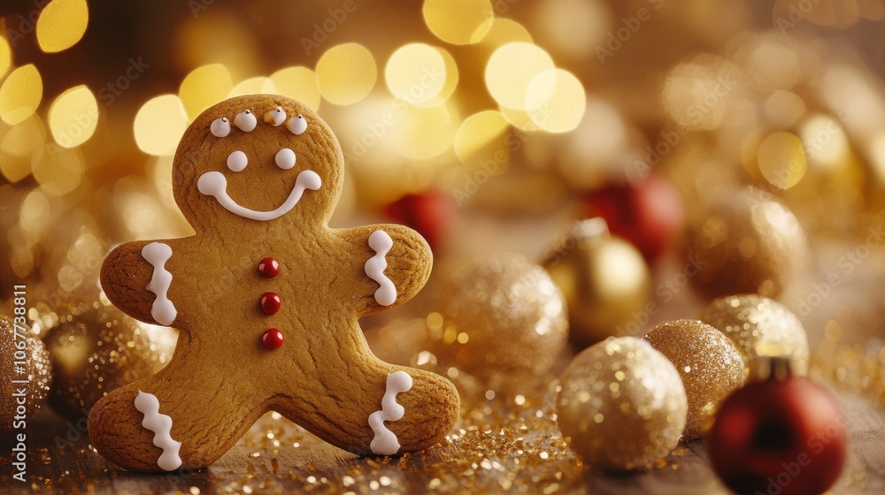 cheerful gingerbread man cookies festive bokeh background warm golden tones cheerful gingerbread man cookies festive bokeh background warm golden tones