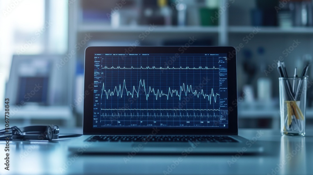 Detailed Photo of a Laptop Displaying an ECG Graph with Patient Heart Activity in a Clinical Setting, Emphasizing Digital Monitoring and Health Data Accuracy Detailed Photo of a Laptop Displaying an ECG Graph with Patient Heart Activity in a Clinical Setting, Emphasizing Digital Monitoring and Health Data Accuracy