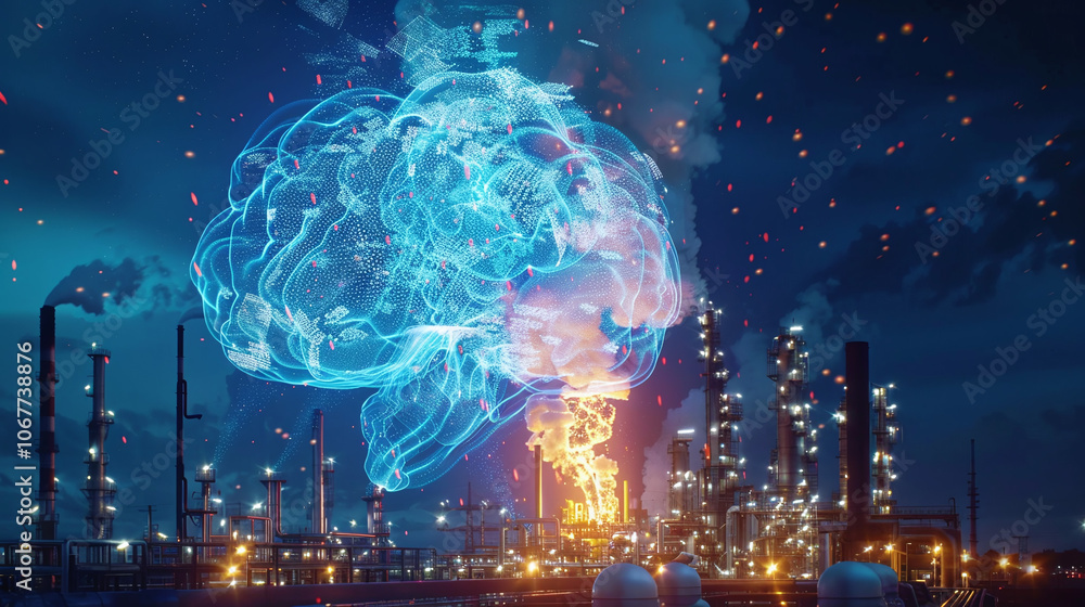 A surreal representation of industrial activity interwoven with a digital brain, highlighting the fusion of technology and environmental impact at a nighttime refinery