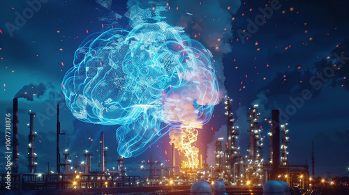 Obraz na płótnie A surreal representation of industrial activity interwoven with a digital brain, highlighting the fusion of technology and environmental impact at a nighttime refinery w salonie
