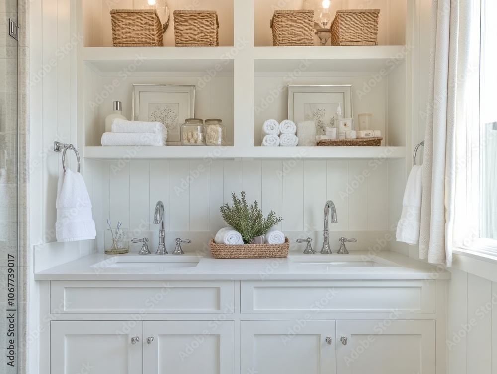 White Bathroom Vanity with Double Sinks and Open Shelving White Bathroom Vanity with Double Sinks and Open Shelving