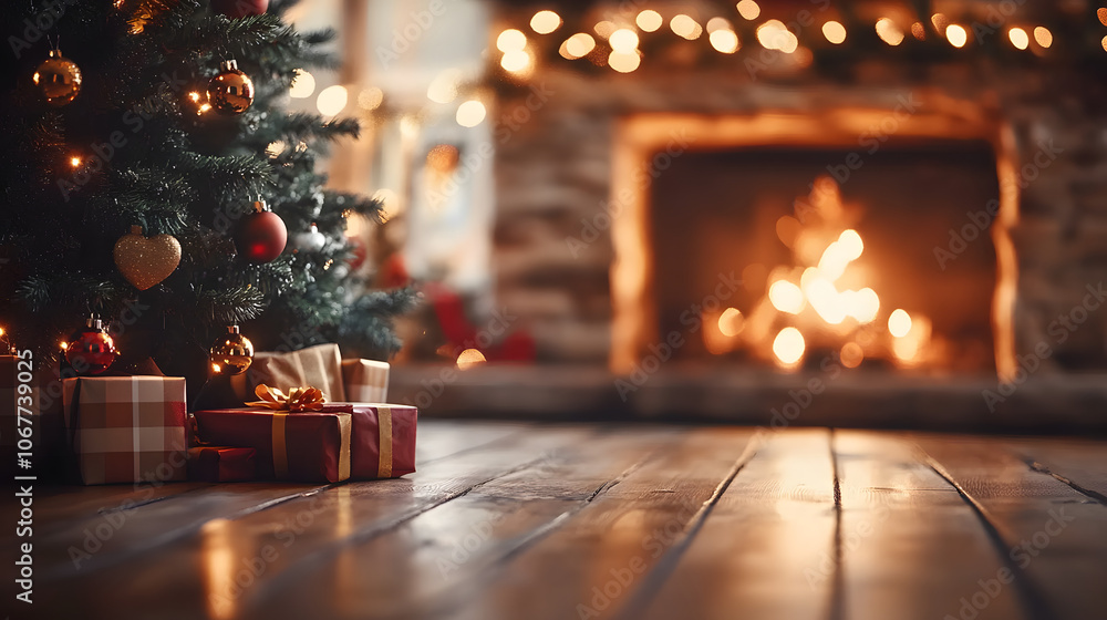 Holiday able with christmas tree and fireplace with copy space Holiday able with christmas tree and fireplace with copy space