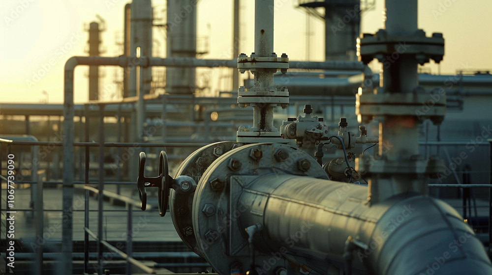 Sunset over oil refinery pipes highlighting industrial infrastructure and equipment in a busy facility near the coast during evening hours Sunset over oil refinery pipes highlighting industrial infrastructure and equipment in a busy facility near the coast during evening hours